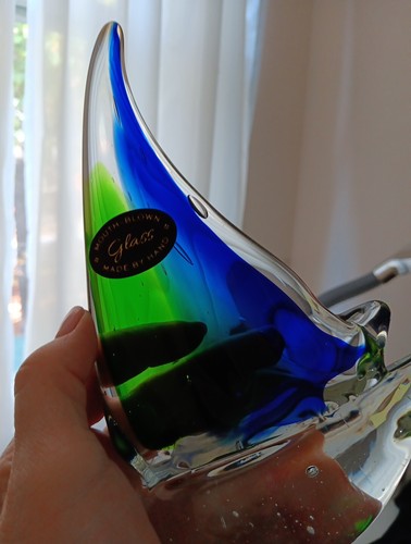 Murano Style Hand Blown Sailboat Blue Green Art Glass 7.5“ Tall Boat - Picture 10 of 10