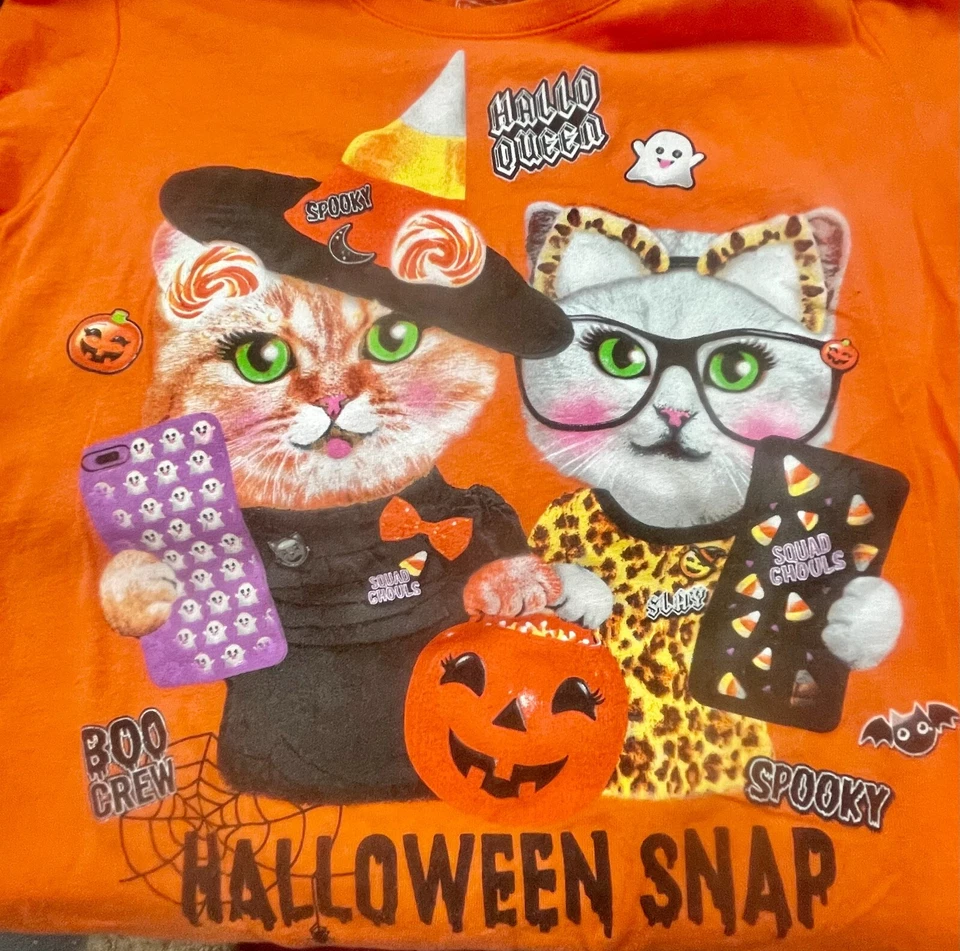 Childrens Place Orange Large 10/12 Kitty Cat Long Sleeve Kids Halloween shirt - Image 2 of 4