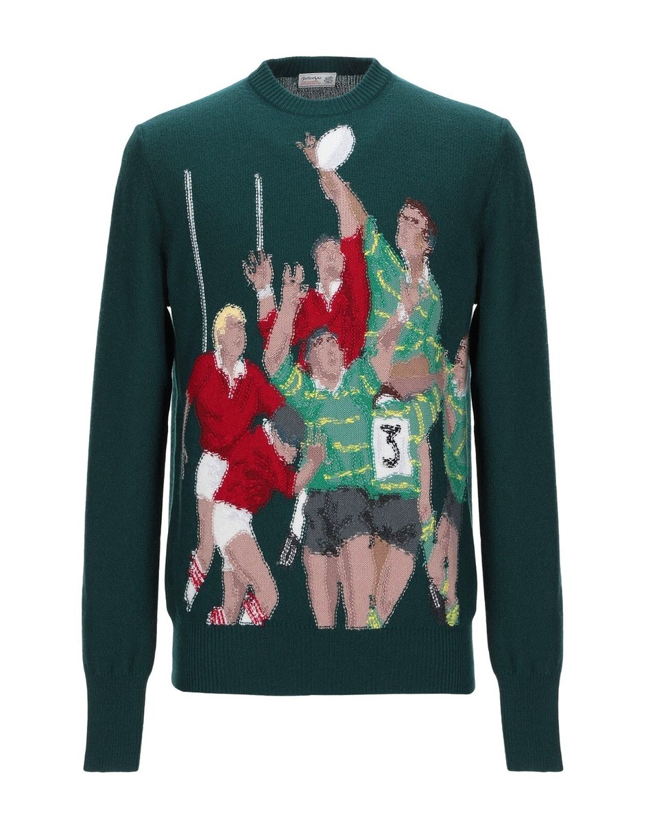 Ballantyne Rugby Embroidered Green Cashmere Crew Neck Jumper Size 54, UK 44  XL