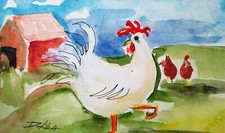 Delilah original watercolor  Farm Chickens landscape birds impressionism