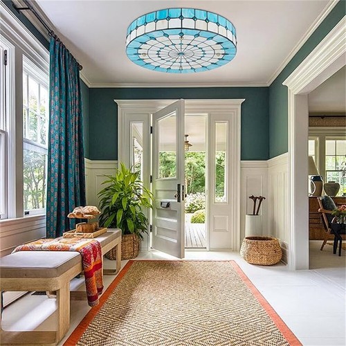 Vintage Tiffany Drum Shade Flush Mount Ceiling Light Art Glass Blue Chandelier - Picture 6 of 12