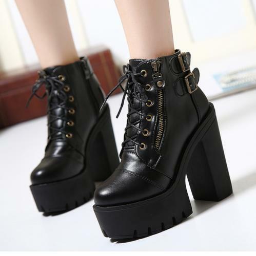 Womens Chunky High Heels Lace Up Buckle 