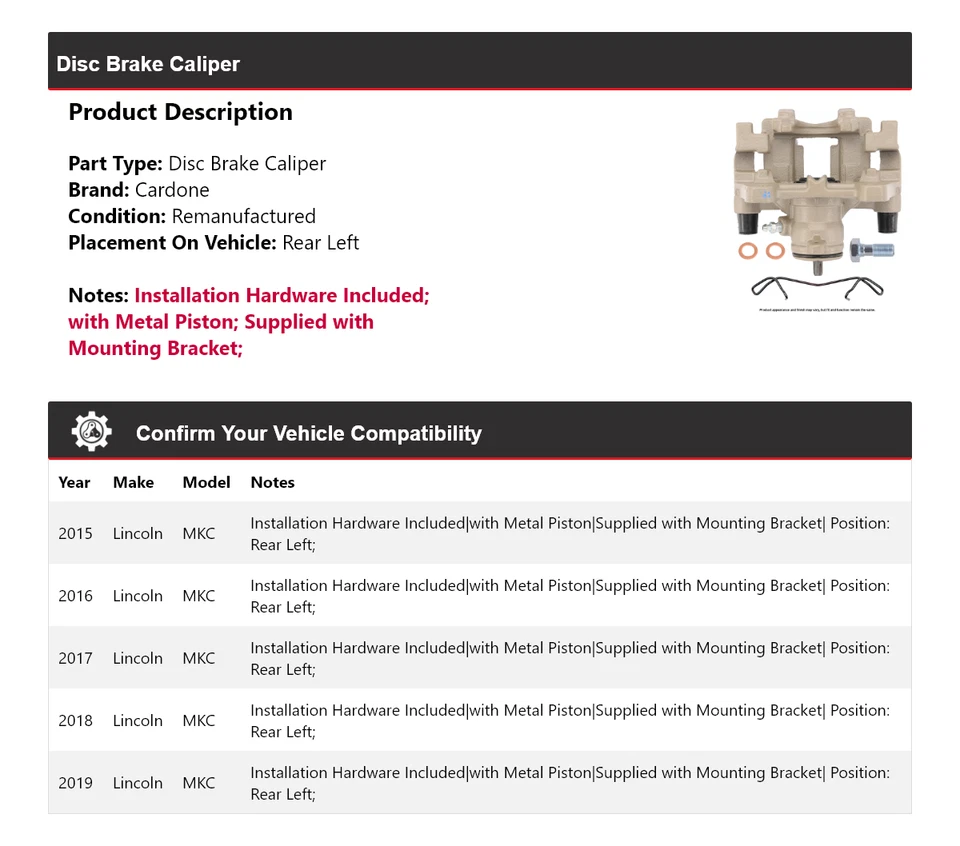 Pinza de freno de disco trasera izquierda Cardone 2016 2017 2018 para Lincoln MKC 2015-2019 Foto 2 de 4