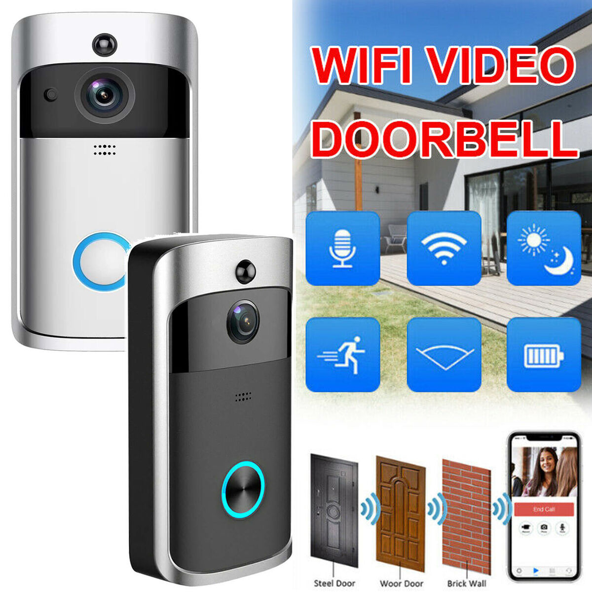 Smart Ring & Video Doorbell with Camera Wireless WiFi Security Phone Bell  720PHD Silver - Walmart.com