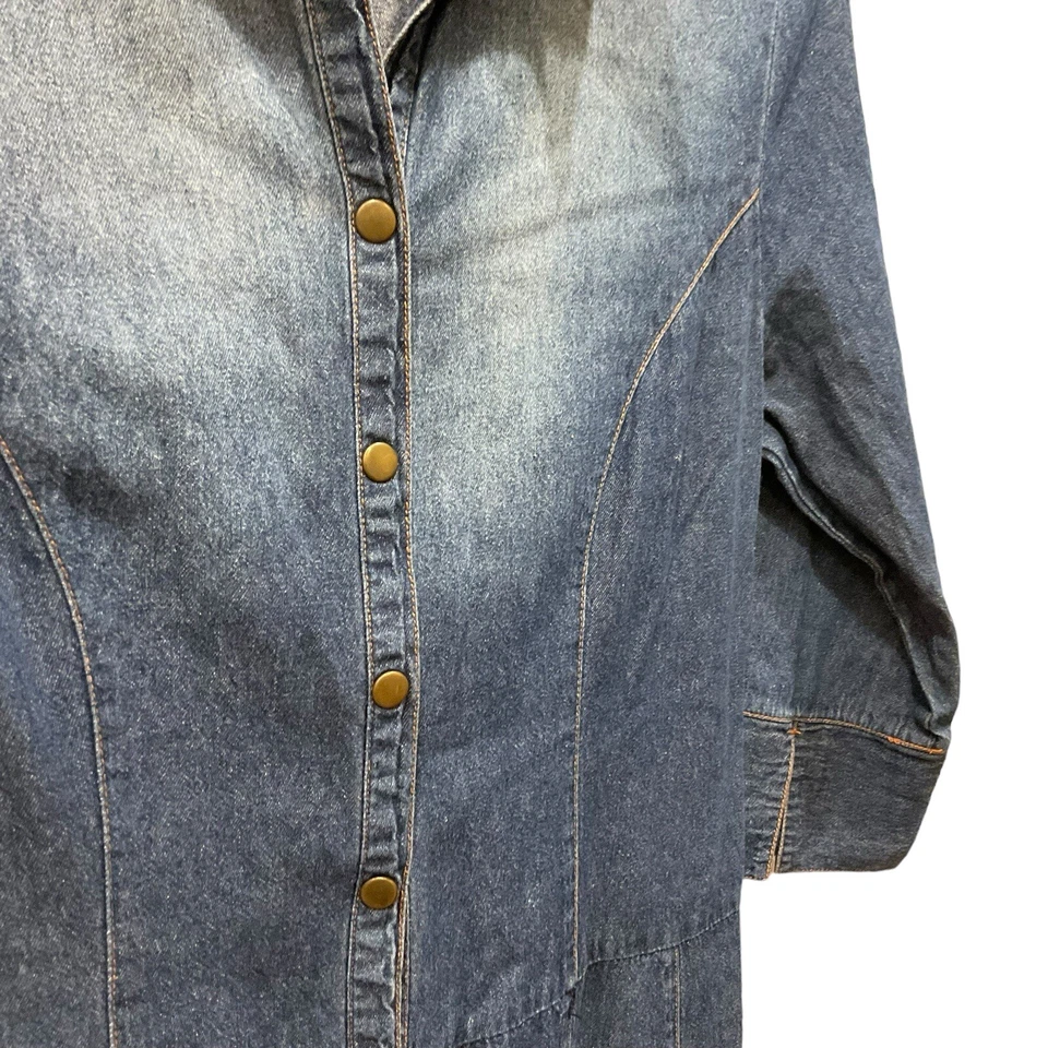 Vestido vaquero MLLE GABRIELLE talla 10 frente a presión camisero cinturón lazos azul jean años 70 Foto 3 de 4