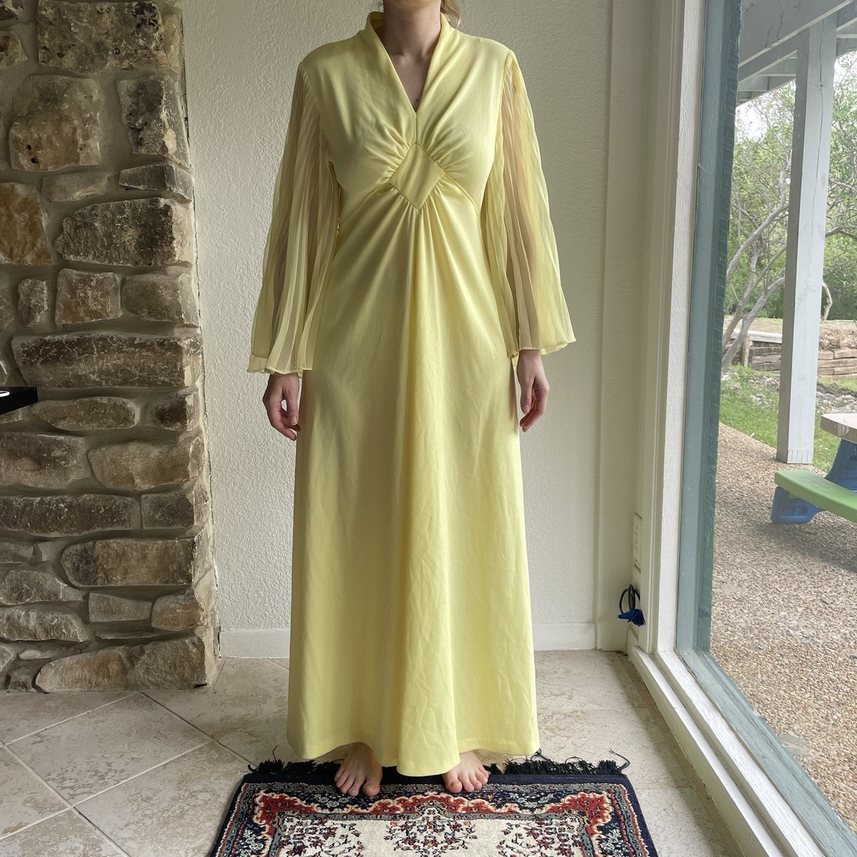 Vintage 70s Cher Maxi Dress Yellow Pleated Sheer Long Sleeve Scovill Vintage 70s Cher Maxi Dress Yellow Pleated Sheer Long Sleeve Scovill