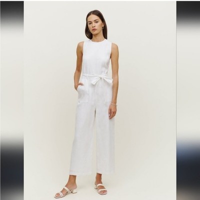 Reformation Naomi White 100% Linen Wide Leg Belted Jumpsuit Size 2
