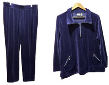 Zenergy by Chico s Velour Track Set Purple Quarter Zip Lounge Top Size 2 Pants 1