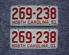 1951 North Carolina License Plate Plates PAIR / SET