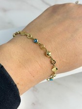 14k Solid Gold Blue Evil Eye Bracelet with Beads -Adjustable from 7" to 7.5" 5mm