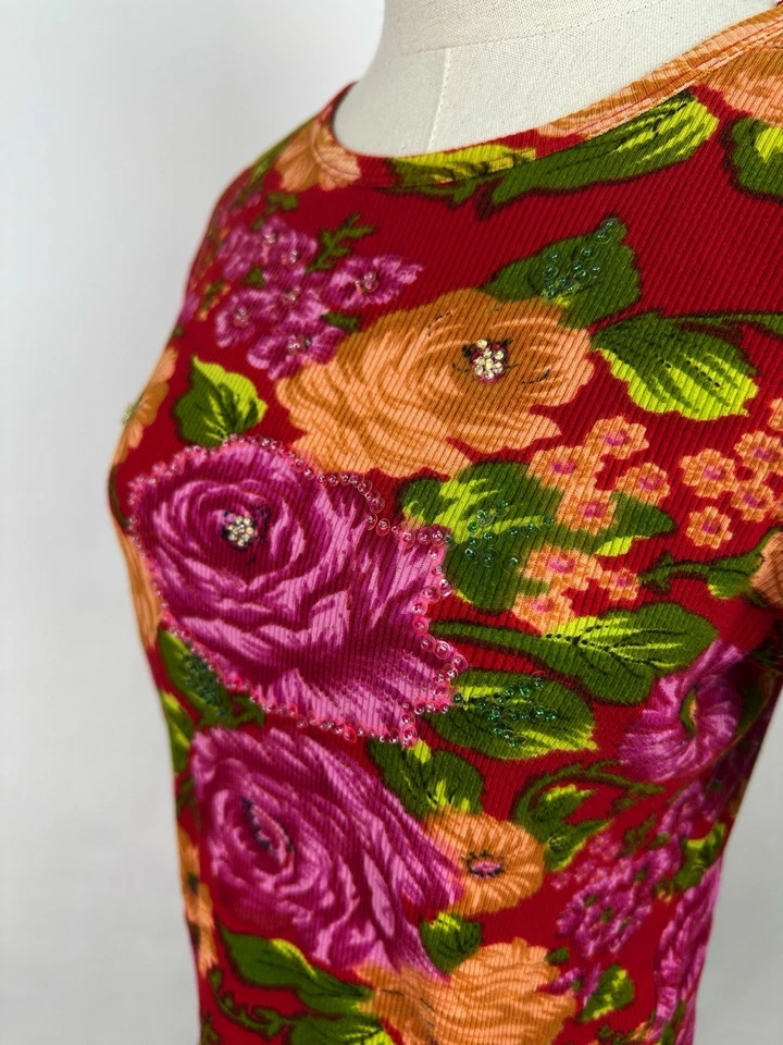Camiseta Floral Vintage Años 90 S Roja Fucsia Rosa Acanalada Lentejuelas Cuentas Colorida Foto 4 de 4