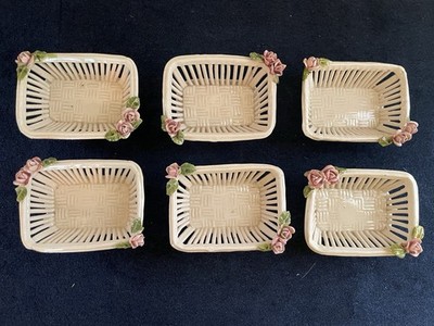 ITALIAN PORCELAIN BASKET FLOWERED LATTICE NUT CUPS Set of 6