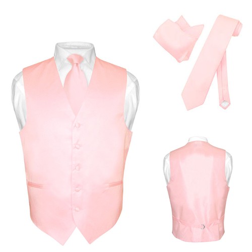 Men's Dress Vest NeckTie Hanky Solid PINK Color Neck Tie Set for Suit Tuxedo L