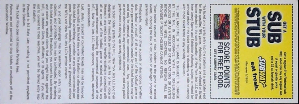 Mark Sanchez Pro Debut Rams Jets NFL Ticket Stub Curtis Martin Image 8/14/2009 - Image 2 of 2