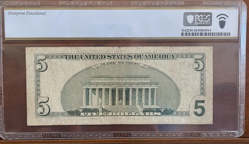 Rare $ 5 2001 US Note - Turquoise Overprint Discolored Error - PCGS VF 20 - Image 2 of 3