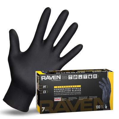 Raven 66518  Safety Powder Free Examination Black Nitrile Gloves - 7 Mil Large