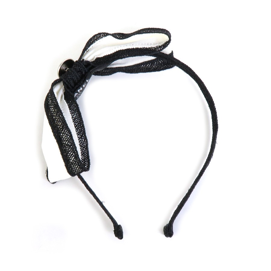 Auth CHANEL Head Band Hair Accessory White/Black Cotton