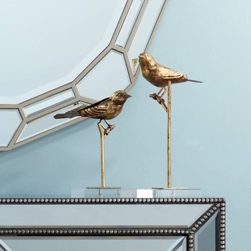 Uttermost Passerines 13" Antique Gold Leaf Bird Figurines Set of 2 - Picture 1 of 3