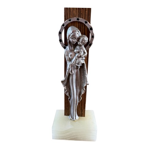 VTG Pewter Madonna And Child Figurine Wood Back With Marble Base 6”