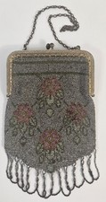 Antique French Evening Bag Art Deco Beaded Purse w/ Metal Fringe Clutch Handbag