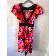 Y2K Speechless Womens Dress Floral  Pink Orange Black V Neck Short Sleeve Size M