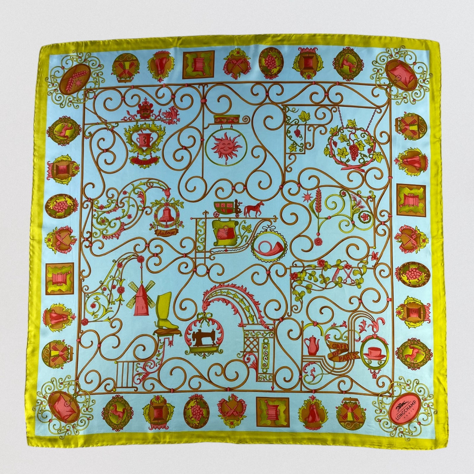 Vintage Longchamp Silk Scarf Square Light Blue Yellow Paris Cafe Italy 35x34