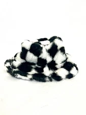 Y2K Black & White Checkerboard Fuzzy Faux Fur Winter Retro Streetwear Bucket Hat