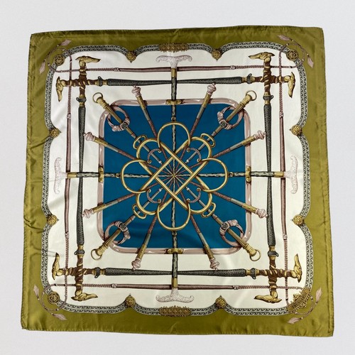 Vintage Trussardi Silk Scarf Large Square Olive Green Blue Equestrian Cane
