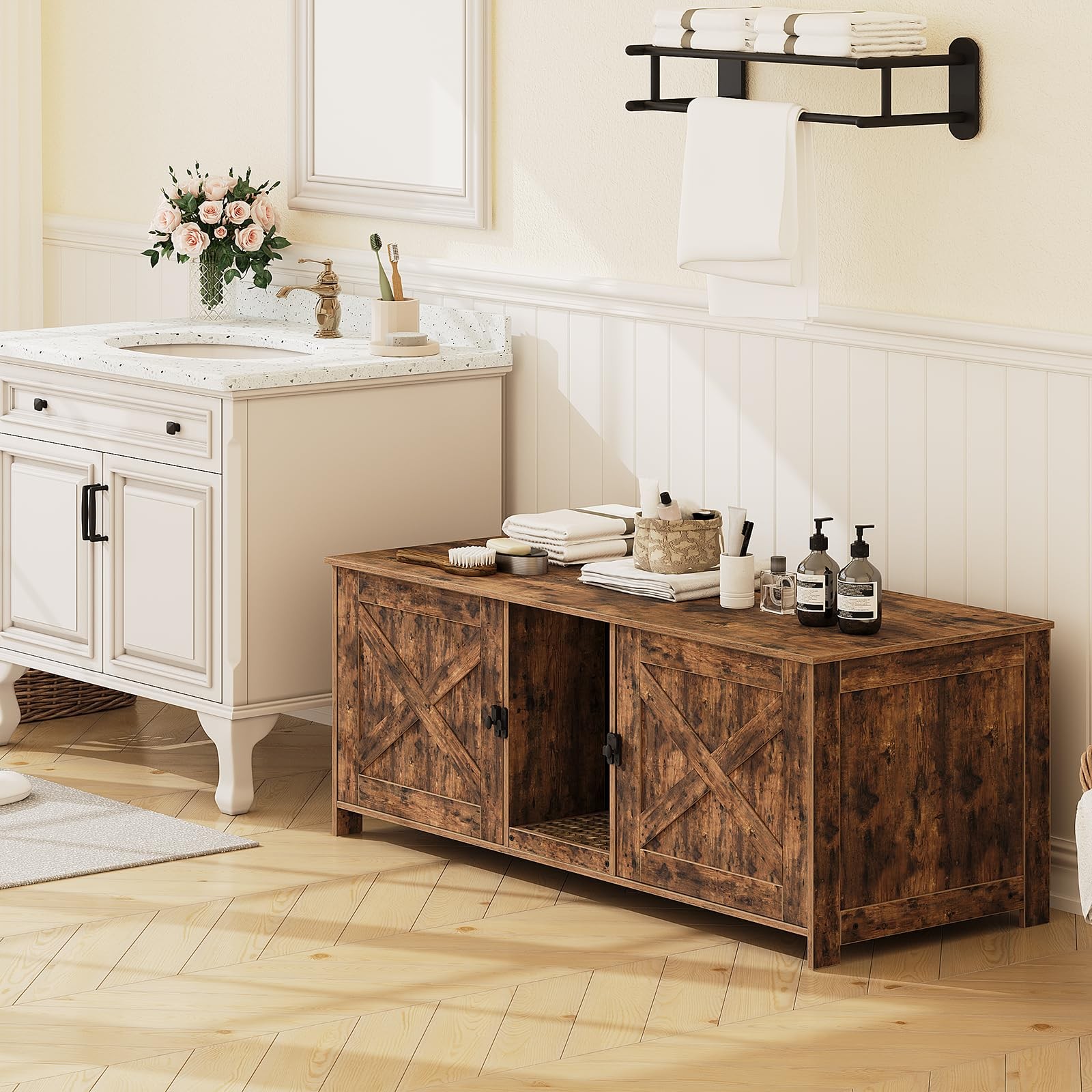 MAHANCRIS Hidden Litter Box Enclosure for 2 Cats, 47.2" Wooden Cat Washroom w/Sc