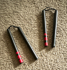Black Nunchaku Nunchucks Pair Martial Arts Sticks w/ Cord Connector Red Stripes