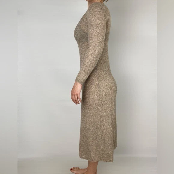 ZARA Wool Long Sleeve Maxi Dress Round Neck Fall Winter Soft Warm Tan Neutral - Image 3 of 4