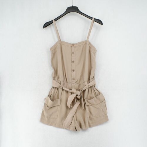 Pam & Gela Women Beige Sleeveless Button-Up Elastic Waist Sash Tie Belted Romper - Picture 7 of 9