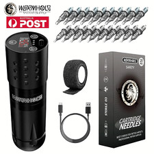 Wormhole Tattoo Machine Kit Wireless Pen Gun Battery Rotary Motor Needle LCD AU