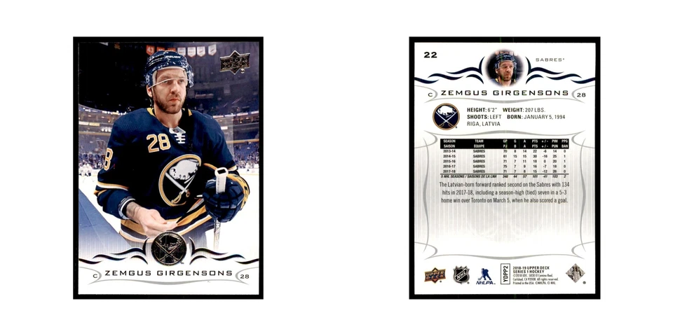 Zemgus Girgensons 2018 Upper Deck #22 Hockey Cards Hockey Card NM - Image 3 of 3
