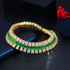 3 Row Gold Color Green CZ Cuban Chain Wide Round Bracelet Fashion Brand Jewelry