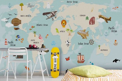 3D Cartoon World Map Animal Self-adhesive Removable Wallpaper Murals Wall 117