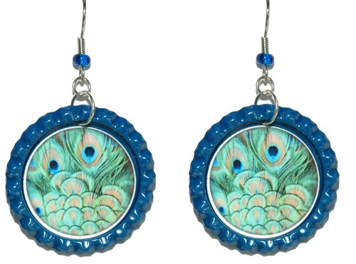 Beautiful Peacock Print Bottle Cap Pierced or Clip on Dangle Earrings (CAP064) - Picture 2 of 3