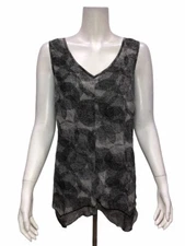 H by Halston Women's Printed Chiffon V-Neck Top w/ Handkerchief Hem Grey Size 10