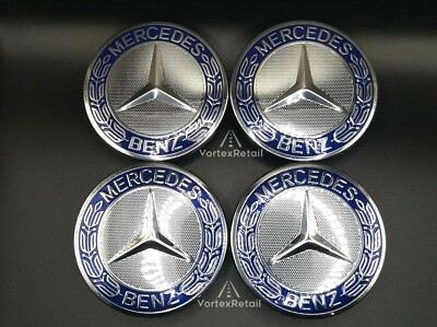 4X MERCEDES ALLOY WHEEL CENTRE CAPS HUB BLUE 75mm A B C E S M CLASS ML ...