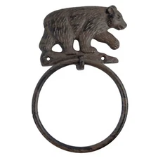 Cast Iron Brown Bear Hand Towel Ring Wall Mounted Rustic Cabin Lodge Decor