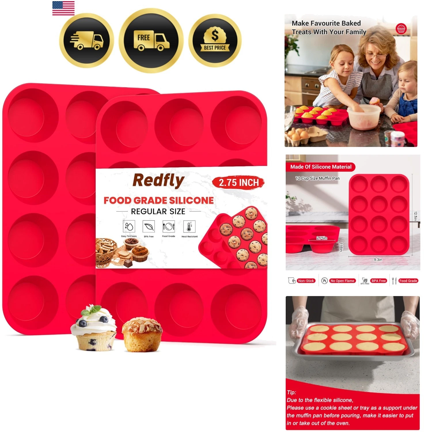 2 Pack Silicone Muffin Pan & Cupcake Pans for Baking - 12 Cup Regular Size BP...