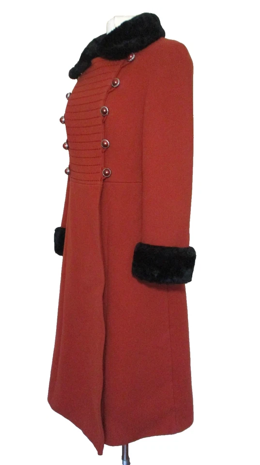 Abrigo Penny Lane Naranja Quemado Años 60 De Colección Talla 40 Mujer Negro Borde de Piel Estilo Militar Foto 4 de 4