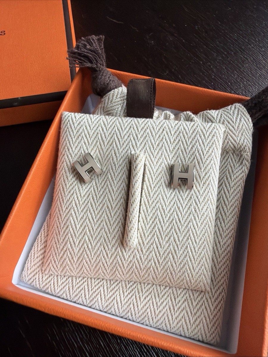 HERMES Mini Pop H Earring Marron glacé Grey/ Palladium Plated- NEW