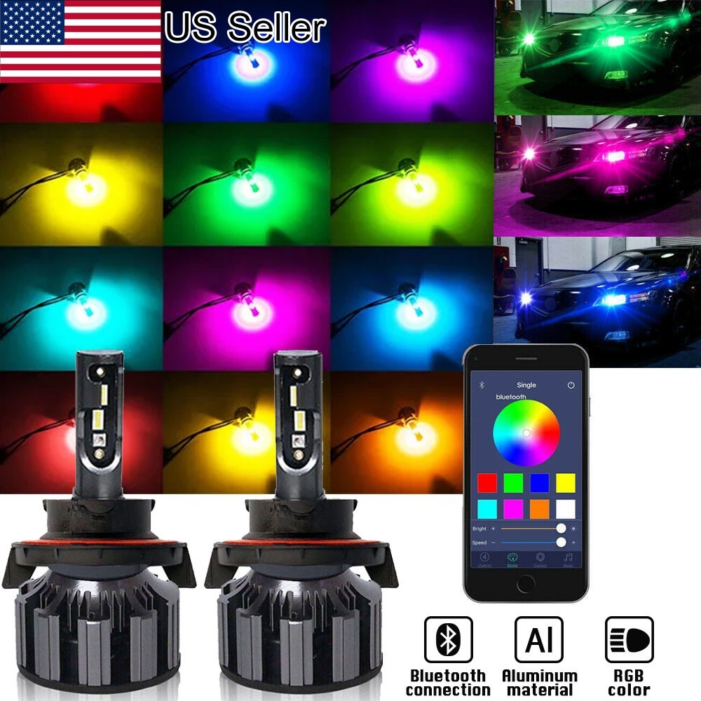 2x H13 9008 RGB Multi-color LED Phone APP Control Headlight High