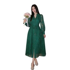 Womens Long Puff Sleeve Floral Embroidery Long Dress Single Breasted V Neck Size