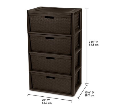Sterilite 4 Drawer Wide Weave Storage Tower, Plastic Organizer Drawers, Brown