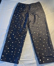 Talbots Pants 8 Navy Pure Silk Crop Foil Dot Embroidery Lined Shimmer