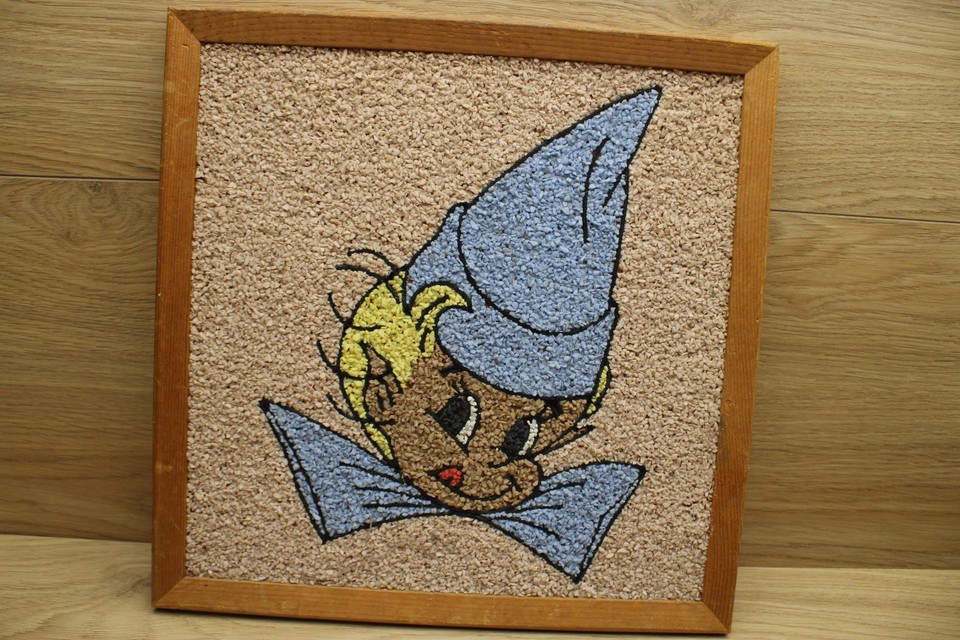 Vintage ‘60s PIXIE MCM Gravel Art/Pebble Art Framed Wall Hanging 13”x13”