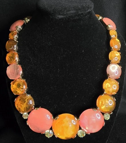 Incredible Vintage Necklace Pink Orange Gold Tone Costume Jewelry Art Glass