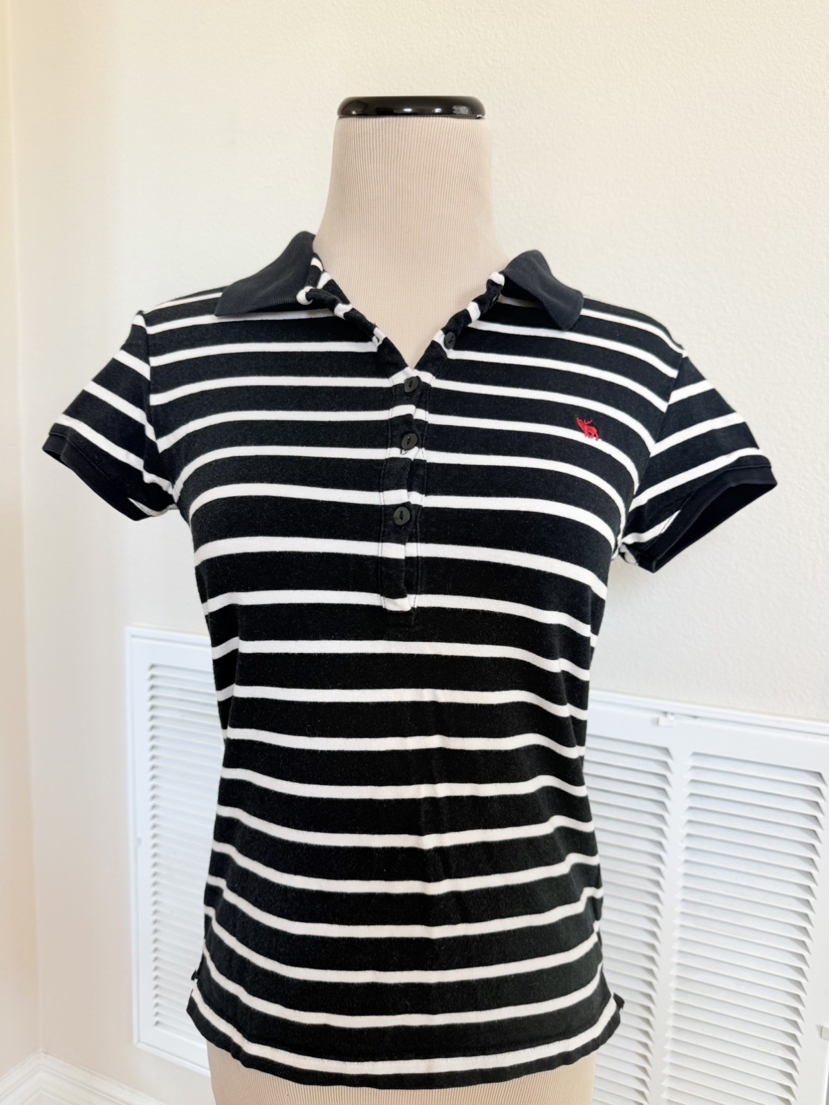 Vintage Abercrombie & Fitch Women’s S Y2K Striped Navy Polo Moose Logo Preppy 